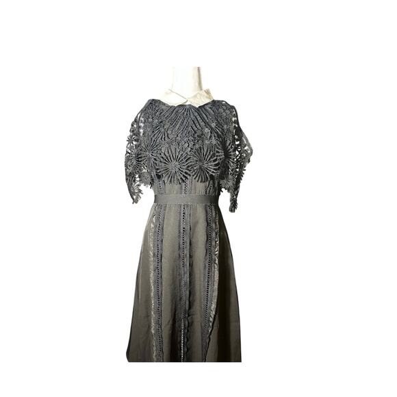 Romantic Lace Collared Whimsey Goth Wednesday Adams Black Belted Medium
 Dress - Picture 1 of 10
